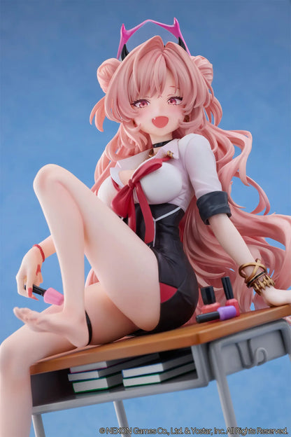 Blue Archive Kirara figure with long pink hair, black horns, and a pink halo, seated on a classroom desk beside nail polish bottles.