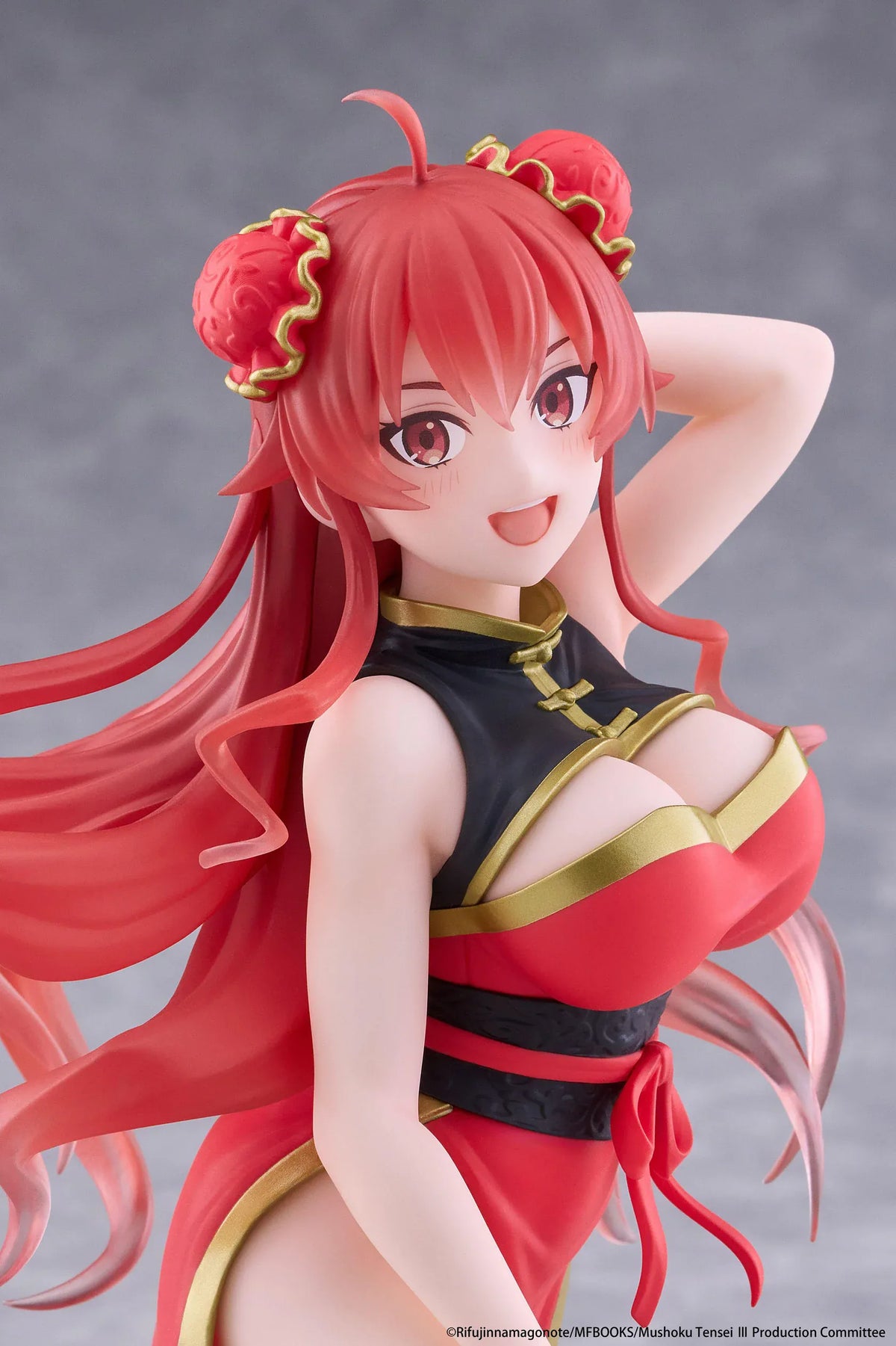 Mushoku Tensei Jobless Reincarnation Desktop Cute Eris Boreas Greyrat Chinese Dress Ver. Figure featuring long flowing red hair, red eyes, decorative twin buns, a red and black Chinese-inspired dress with gold accents, and dark thigh-high stockings in a playful kneeling pose.