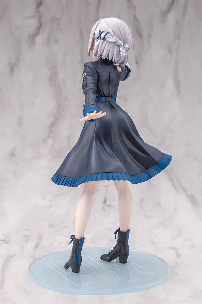 The Idolmaster Gakuen Lilja Katsuragi Hakusen DX Ver. 1/7 Scale Figure featuring Lilja with short silver hair, black dress with blue accents, boots, and themed display base.