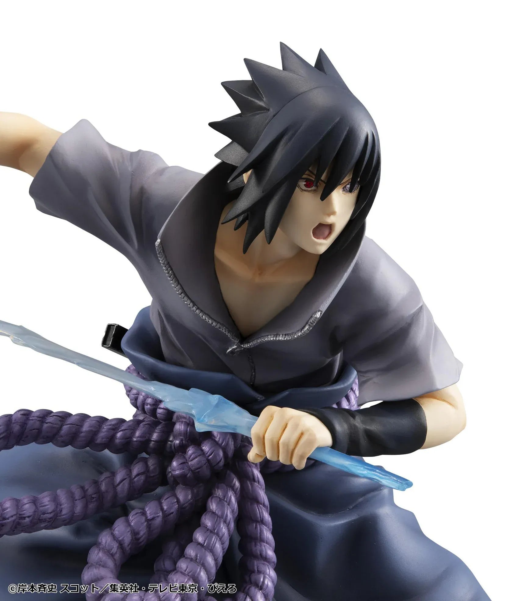 Naruto Shippuden G.E.M. Series Sasuke Uchiha Great Ninja War Ver. Reissue figure in battle pose with sword, purple rope belt, and effect detail