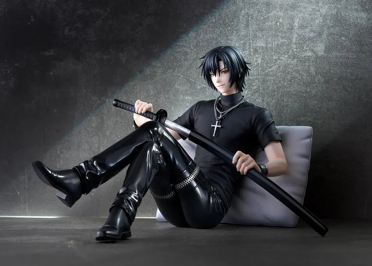Shiki 1/7 scale figure from Togainu no Chi sitting with sword wearing black outfit on cushion base