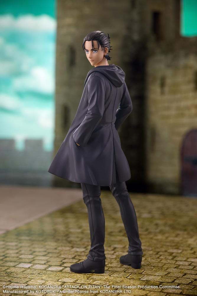 Attack on Titan Oshi Works Eren Yeager The Final Season Ver. Figure featuring Eren with slicked-back hair, dark coat, serious expression, and display base.