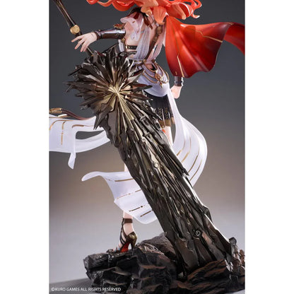 Wuthering Waves Augusta 1/7 Scale Figure with orange-red hair, white-and-gold outfit, armor accents, weapon accessory, and rocky display base