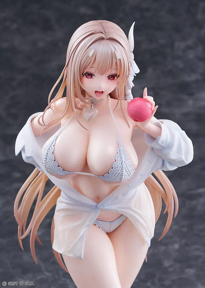 GODDESS OF VICTORY NIKKE Viper Shine of Love 1/7 Scale Figure with long hair, white beachwear-inspired outfit, apple accessory, and beach display base