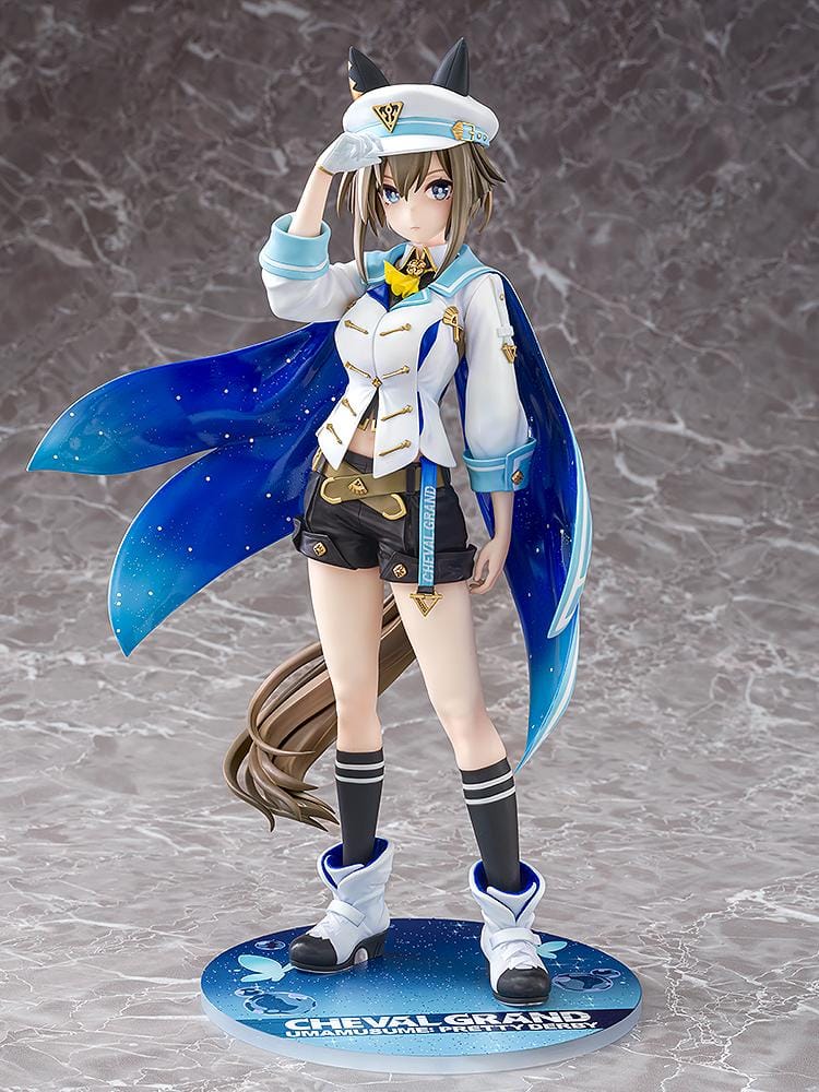 Umamusume Pretty Derby Cheval Grand 1/7 Scale Figure Rerelease featuring Cheval Grand with horse ears, blue-and-white race outfit, starry blue cape, cap, and sporty boots.