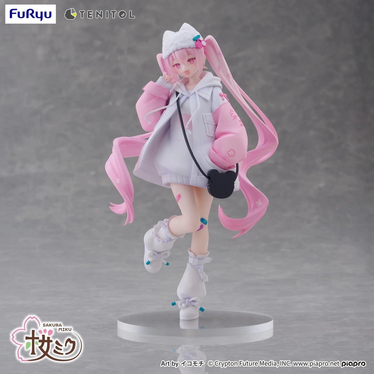 Vocaloid Tenitol Petit Sakura Miku Cool Style Figure featuring Sakura Miku in a pink and white hoodie outfit with twin-tails and a cat-shaped bag