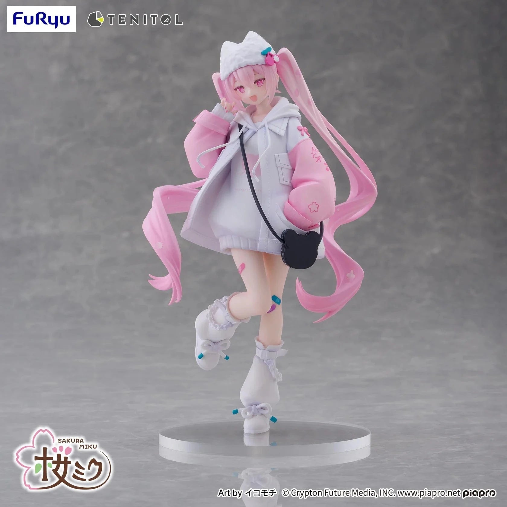 Vocaloid Tenitol Petit Sakura Miku Cool Style Figure featuring Sakura Miku in a pink and white hoodie outfit with twin-tails and a cat-shaped bag