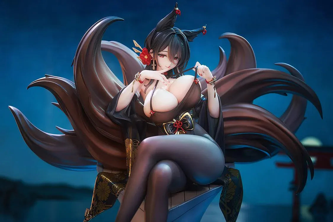 Azur Lane Oumi 1/7 scale figure seated cross-legged on an angular pedestal, with sweeping brown tails and a black outfit decorated with gold flowers.