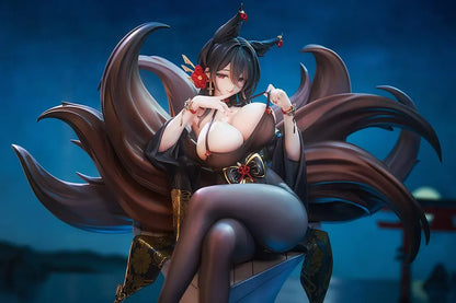 Azur Lane Oumi 1/7 scale figure seated cross-legged on an angular pedestal, with sweeping brown tails and a black outfit decorated with gold flowers.