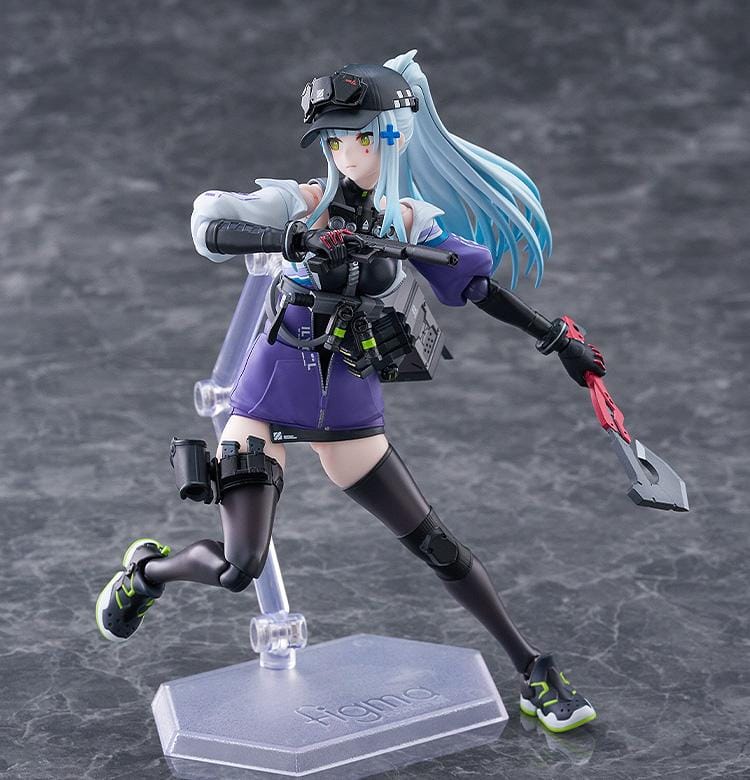 Girls' Frontline 2 Exilium figma Klukai Figure featuring Klukai with light blue hair, tactical outfit, purple jacket, weapon accessory, and futuristic gear details.