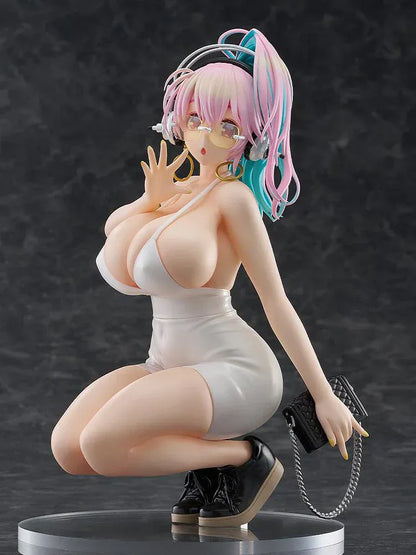 Nitroplus Pop Up Parade L Super Sonico 15th Mini Dress Ver figure kneeling in white dress with headphones and pastel hair