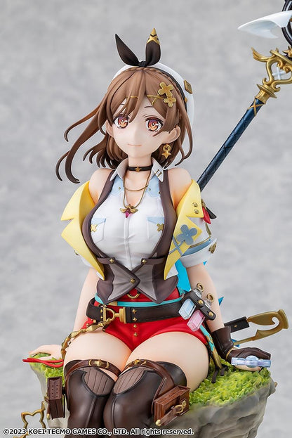 Atelier Ryza 3 Alchemist of the End and the Secret Key Ryza Reisalin Stout 1/7 Scale Figure featuring Ryza seated on a rock base with her alchemy staff and detailed adventurer outfit.