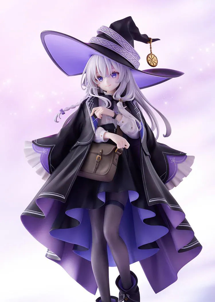 Wandering Witch The Journey of Elaina Elaina 1/7 Scale Figure with silver hair, black and purple witch outfit, wide hat, cloak, and travel bag