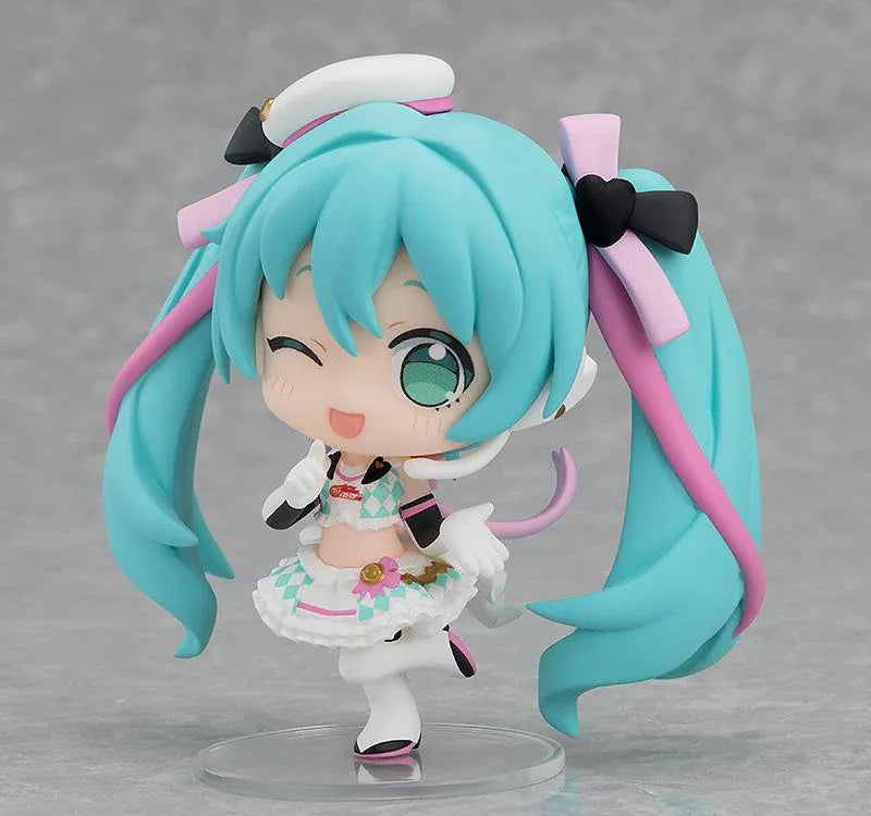 Eight featured Racing Miku All Stars Vol.2 chibi figure designs with turquoise twin-tails, varied outfits, crowns, flowers, goggles, and playful poses.