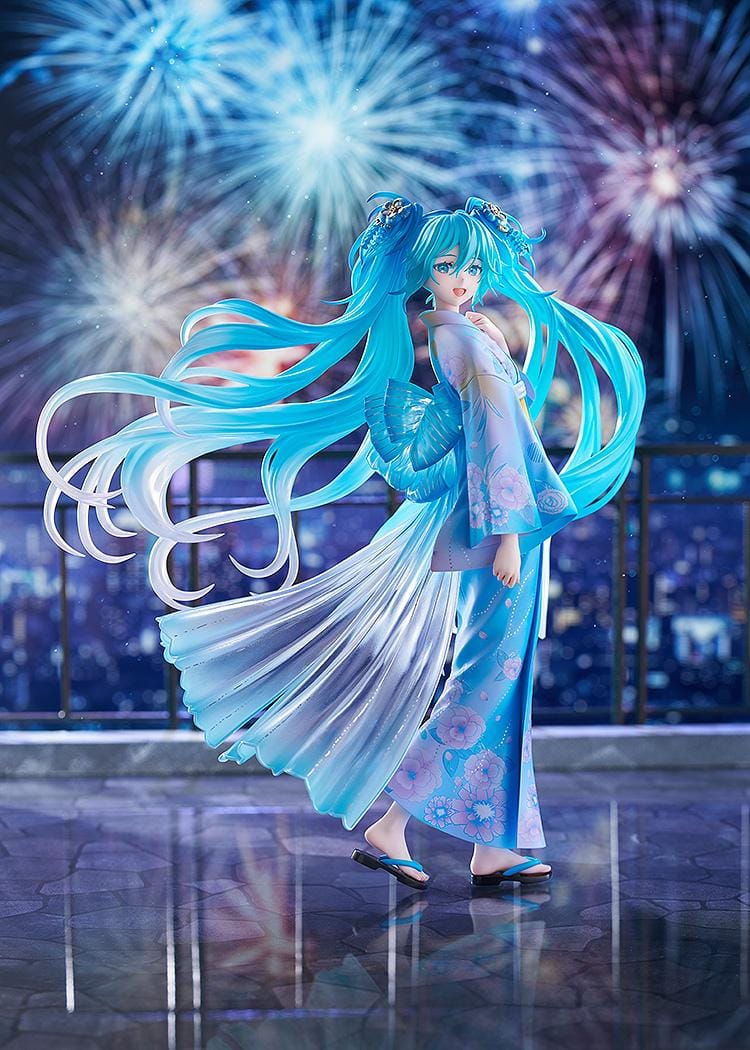 Vocaloid Hatsune Miku Music and Fire Works Ver 1/7 Scale Figure wearing a blue yukata with flowing turquoise twin tails and fireworks display base