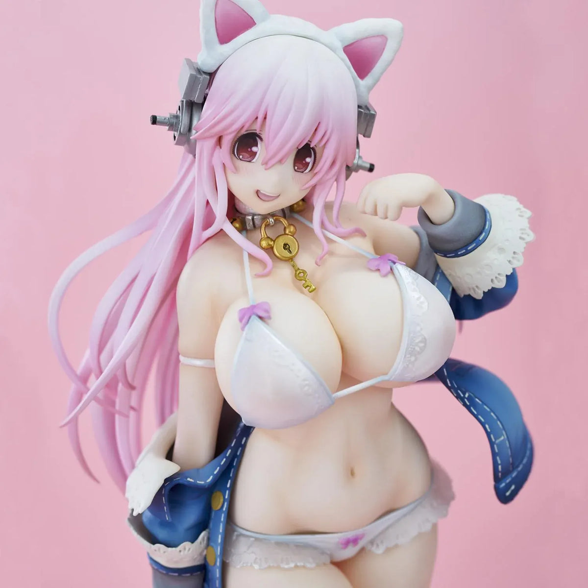 Super Sonico White Cat Ver. figure with pink hair, cat ears, glasses, blue jacket, white outfit, and milk bowl on a clear base.