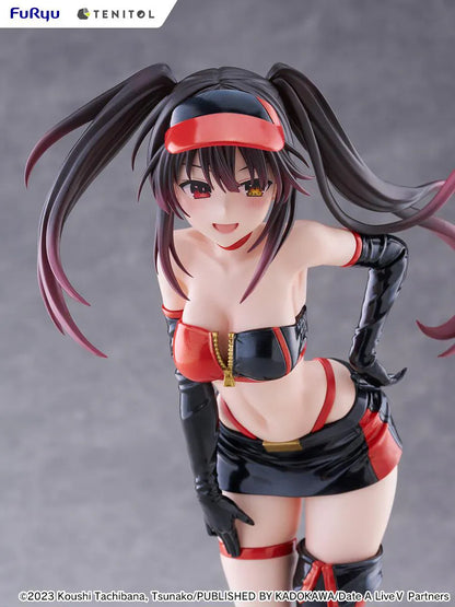 Date A Live V Tenitol Tall Kurumi Tokisaki Race Queen Ver. Figure featuring Kurumi with twin-tail hair, black-and-red race queen outfit, visor, gloves, and thigh-high boot styling.
