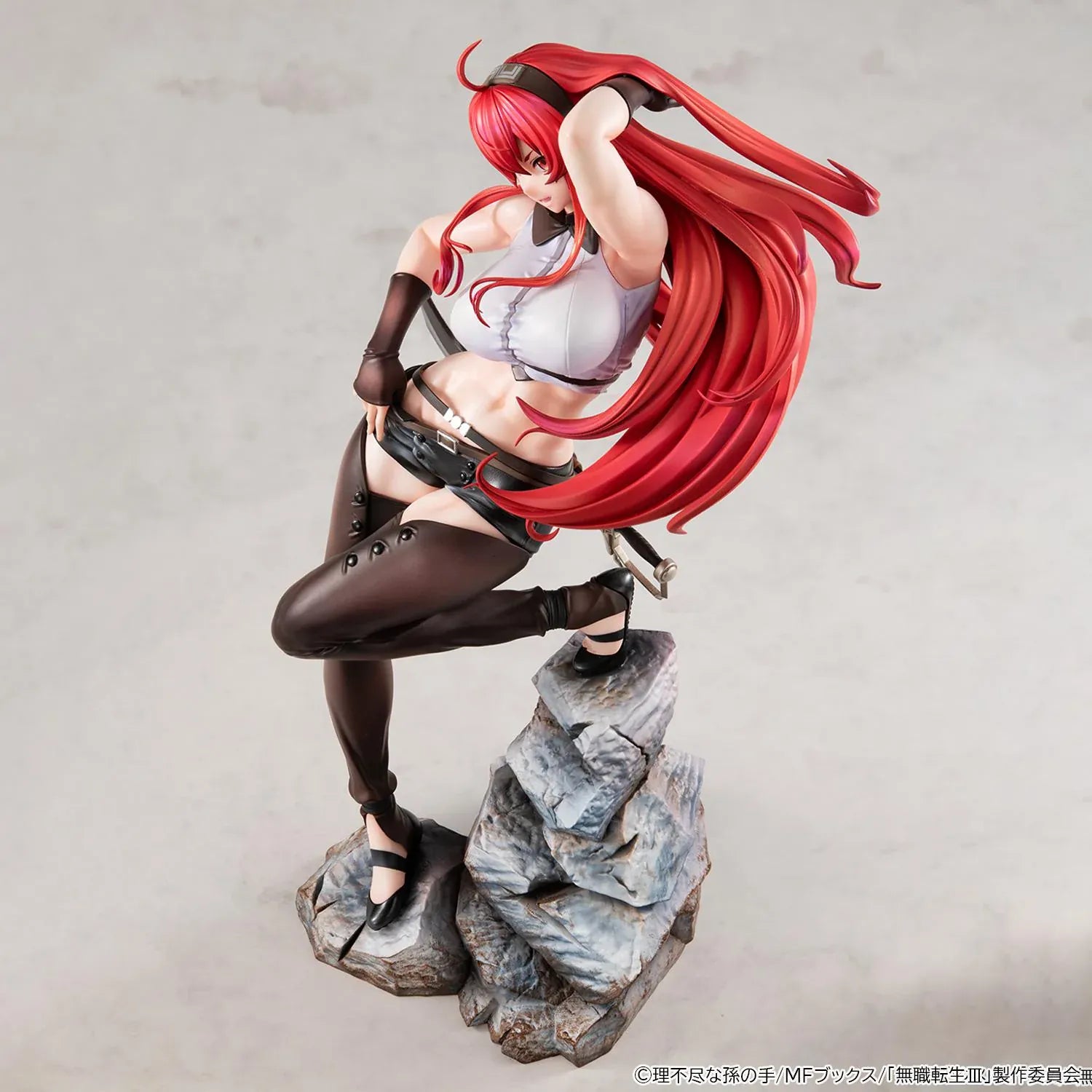 Mushoku Tensei Lucrea Eris Boreas Greyrat Figure with flowing red hair, black and white outfit, and detailed rocky display base