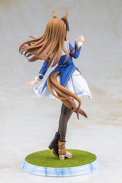 UmaMusume Pretty Derby Grass Wonder 1/7 Scale Figure with brown hair, horse ears, blue-and-white outfit, and grass display base