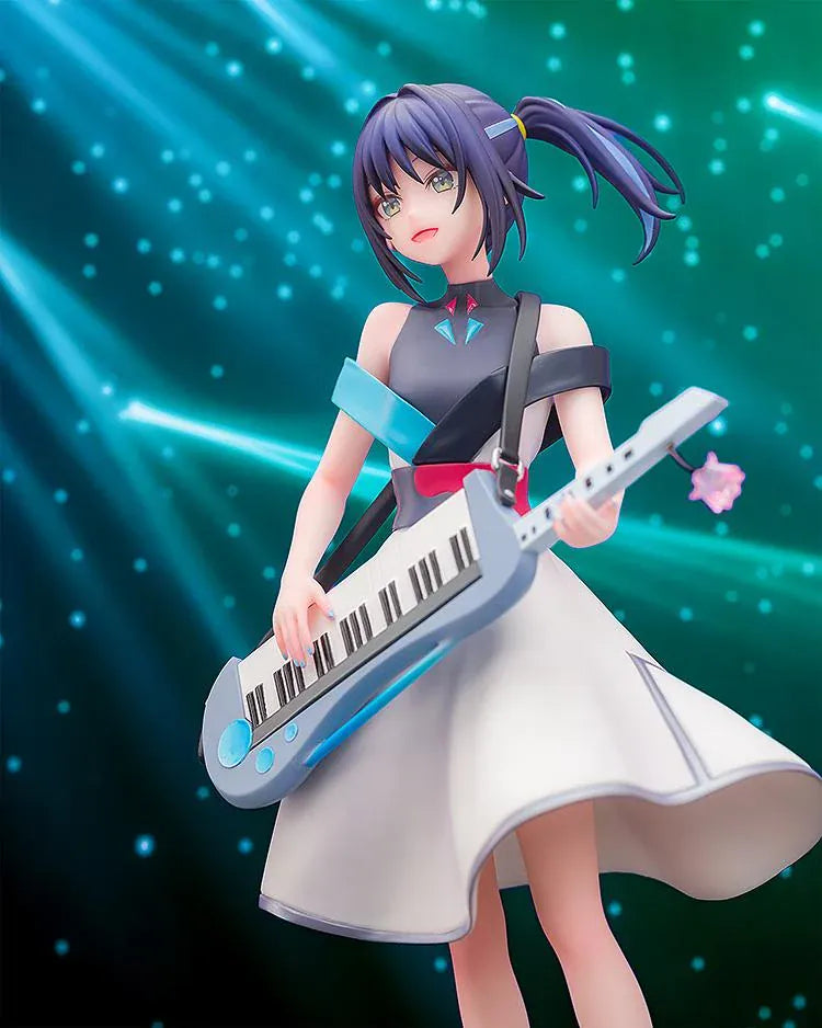 Iroha Sakayori Collaboration Concert Ver. figure with dark purple hair, holding a blue-gray keytar and wearing a white dress with turquoise and black accents.
