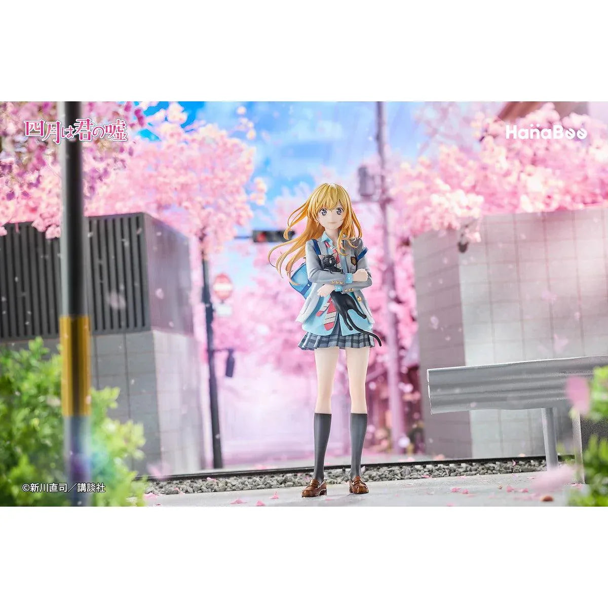Your Lie in April Kaori Miyazono 1/6 scale figure with bonus featuring Kaori in her school uniform holding a black cat with a cherry blossom backdrop
