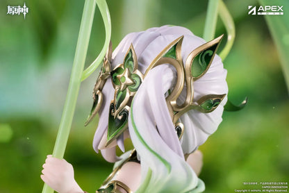Genshin Impact Nahida Physic of Purity Ver. 1/7 scale figure seated on a green swing surrounded by vines, leaves, and colorful flowers.