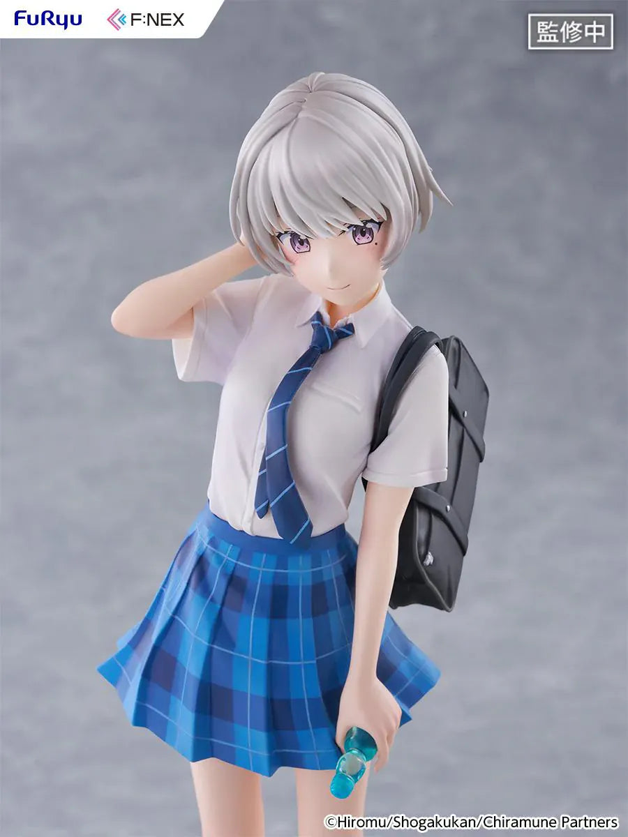 Chitose Is in the Ramune Bottle Asuka Nishino 1/7 Scale Figure with short silver hair, blue plaid skirt, school uniform outfit, backpack, drink bottle accessory, and display base