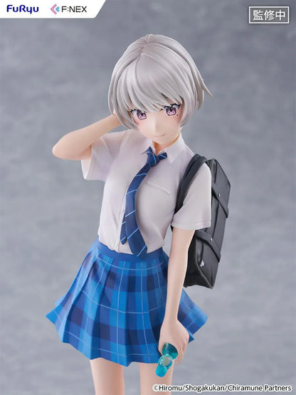 Chitose Is in the Ramune Bottle Asuka Nishino 1/7 Scale Figure with short silver hair, blue plaid skirt, school uniform outfit, backpack, drink bottle accessory, and display base