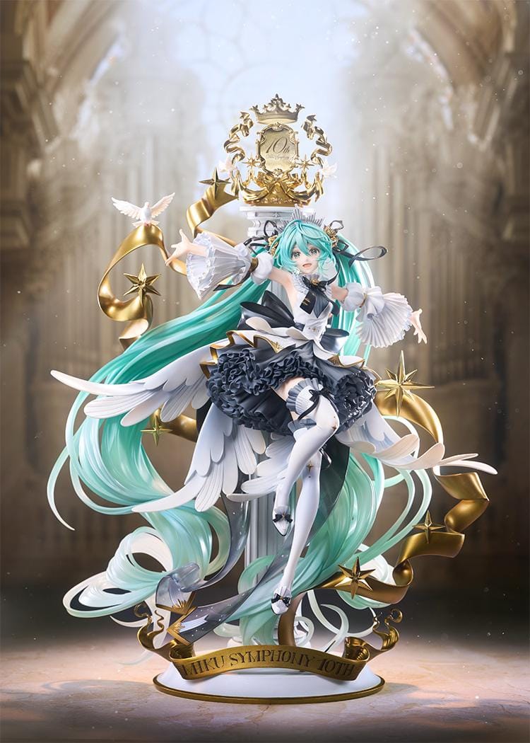 Hatsune Miku Symphony 10th Anniversary Ver. 1/7 scale figure with flowing turquoise hair, doves, gold ribbons, stars, and an ornate dress.