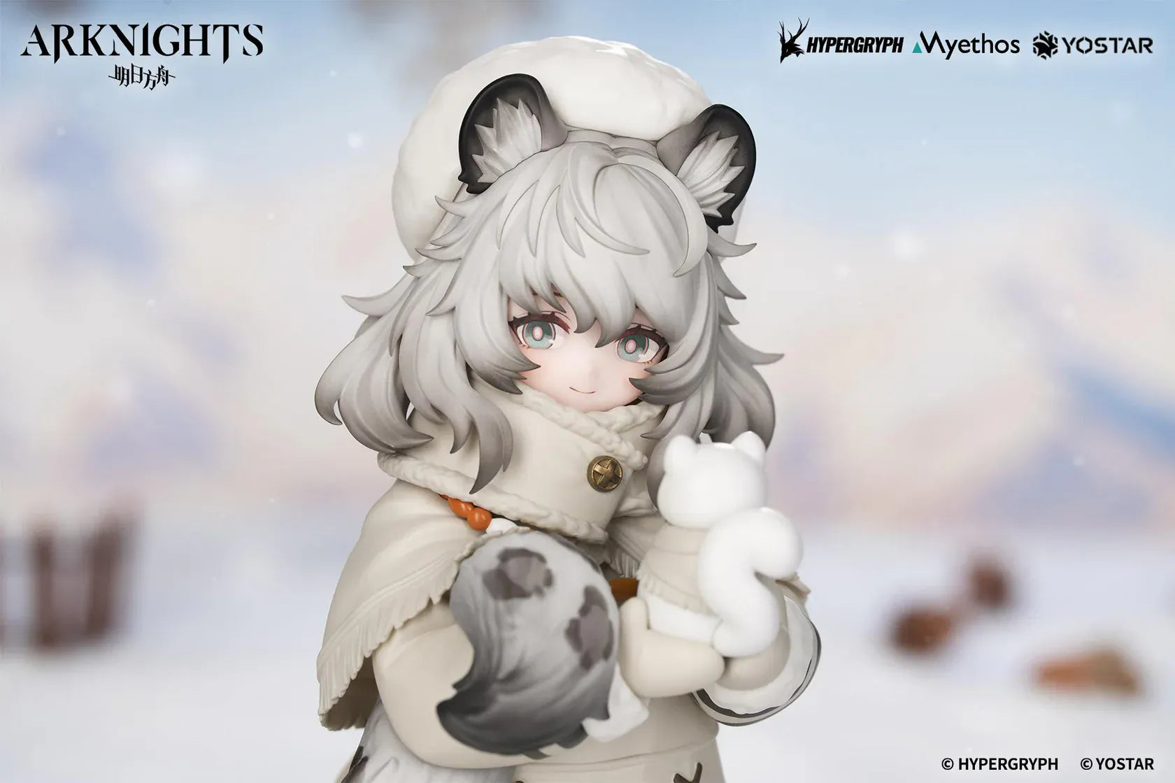 Arknights Rhodes Kids Series Pramanix Non Scale Figure with white hair, animal ears, winter coat, fluffy cape, boots, and bear accessory