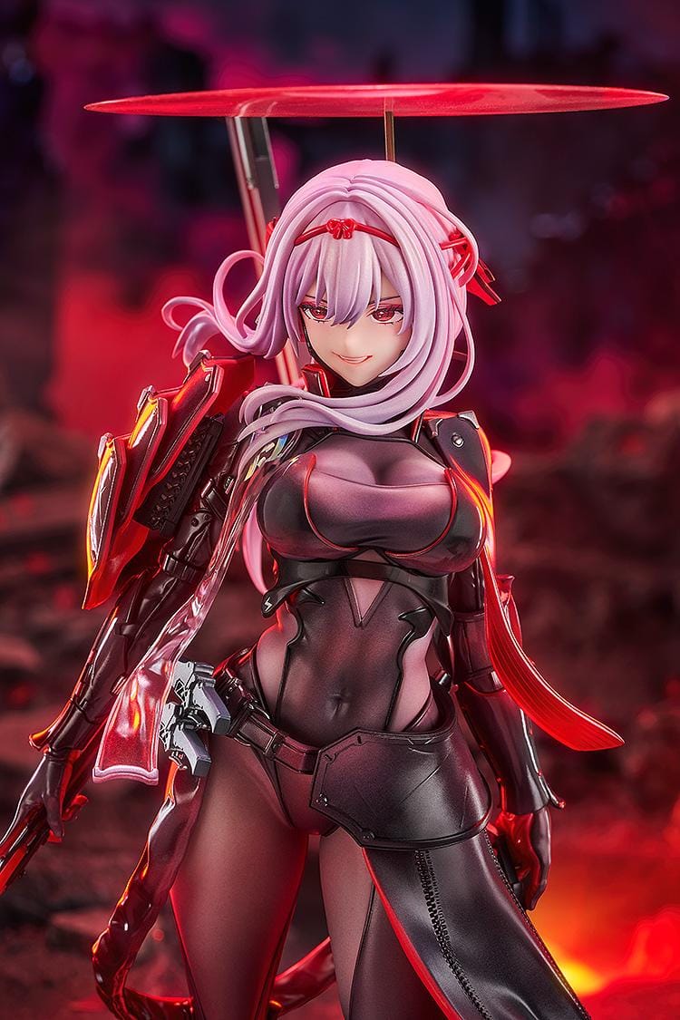 Goddess of Victory: Nikke Scarlet Black Shadow Ver 1/7 scale figure in black and red combat suit holding long blade on rocky base