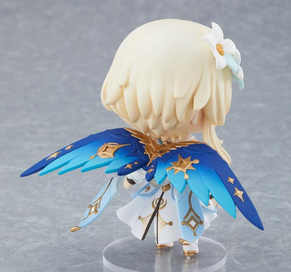 Genshin Impact Nendoroid Traveler Figure Lumine Rerelease featuring Lumine with blonde hair, golden eyes, white-and-blue fantasy outfit, flower hair accessory, and sword accessory.