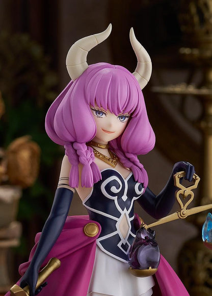 Frieren Beyond Journey's End POP UP PARADE Aura Figure with pink hair, horns, magenta cape, sword, and scale accessory