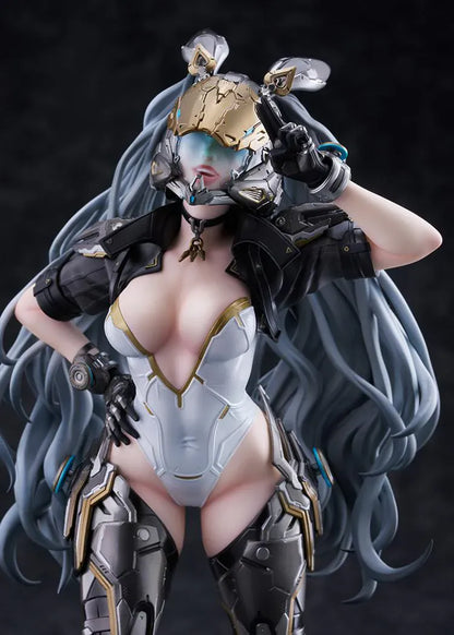 The First Descendant Ultimate Bunny 1/7 Scale Figure with futuristic armor, masked headpiece, long hair, and black silver gold battle suit