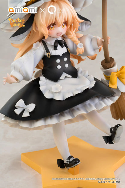 Touhou Project Pocket Fairy Marisa Kirisame figure holding a broom in a black-and-white witch outfit on a yellow star-shaped base.