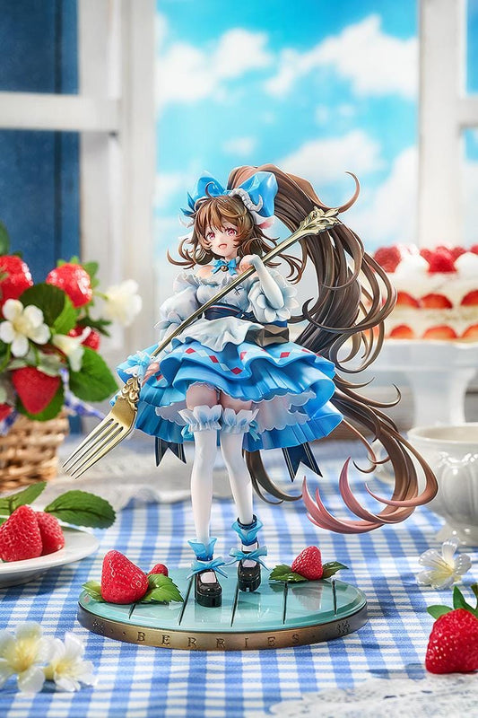 Arknights Eyjafjalla the Hvít Aska A Picnic Before A Long Trip Ver. 1/7 scale figure wearing a blue and white dress with a staff and strawberry display base
