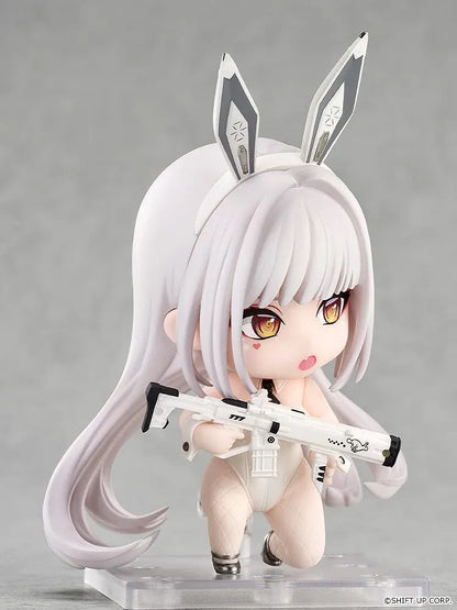 GODDESS OF VICTORY NIKKE Nendoroid Blanc Figure featuring Blanc in a white bunny outfit with long white hair, golden eyes, bunny ears, fishnet stockings, and weapon accessory.