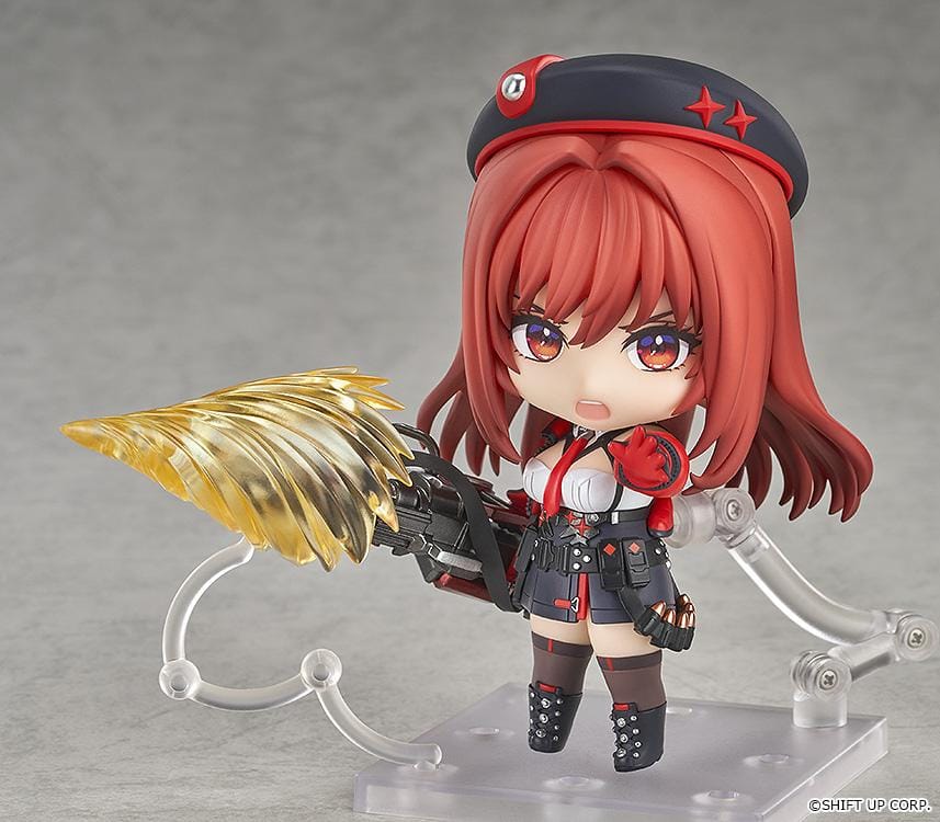 GODDESS OF VICTORY NIKKE Nendoroid Rapi Red Hood Figure with red hair, black-and-red tactical outfit, cap, and large weapon accessory