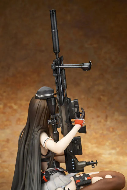Girls' Frontline GD DSR-50 Heavy Damage 1/7 Scale Figure seated with long brown hair, tactical outfit, sniper rifle accessory, and clear display base
