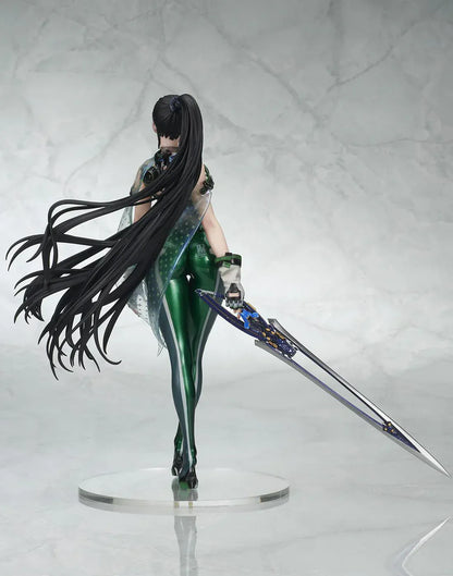 Stellar Blade Eve non-scale figure in a futuristic green and gray combat suit holding a long sword with flowing black hair