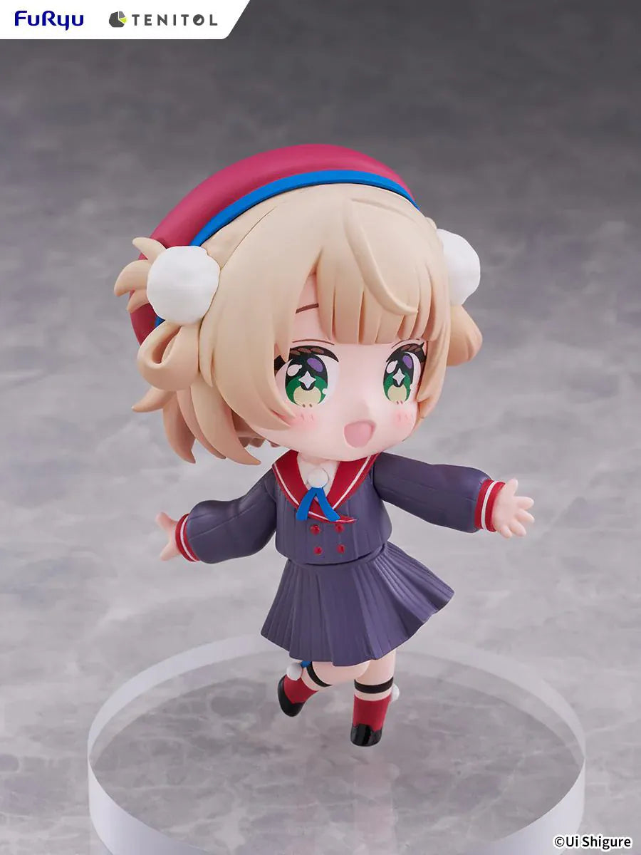 Ui Shigure Tenitol Mini Ui Shigure Figure with blonde hair, green eyes, earmuffs, school uniform outfit, cheerful pose, and round display base
