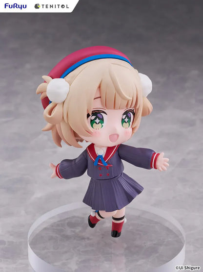 Ui Shigure Tenitol Mini Ui Shigure Figure with blonde hair, green eyes, earmuffs, school uniform outfit, cheerful pose, and round display base