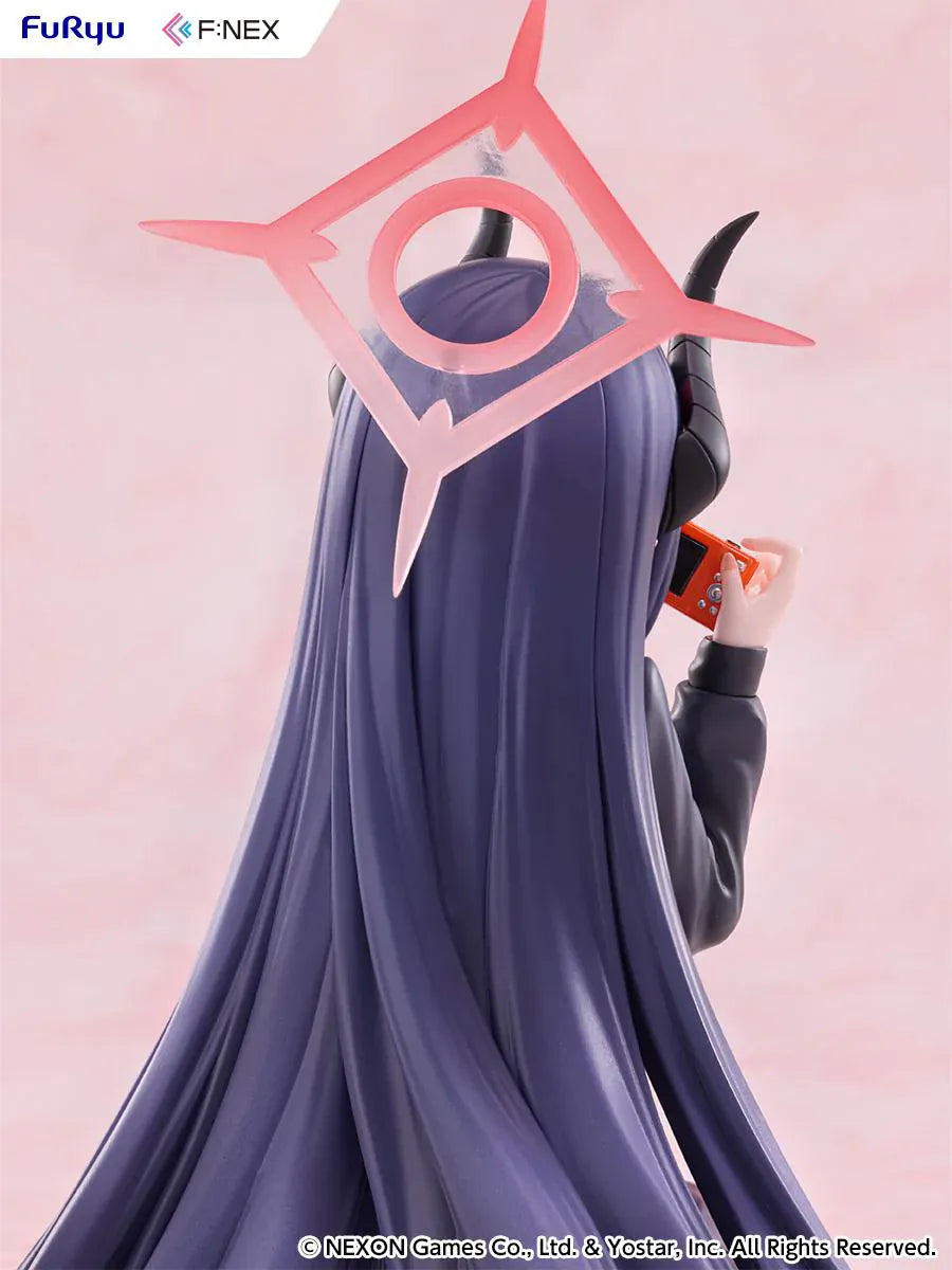 Blue Archive Chiaki Memorial Lobby Ver. 1/7 Scale Figure seated with dark outfit, horn details, pink halo, and camera accessory