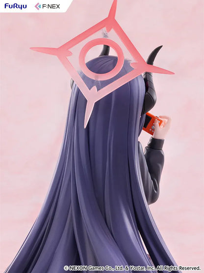 Blue Archive Chiaki Memorial Lobby Ver. 1/7 Scale Figure seated with dark outfit, horn details, pink halo, and camera accessory
