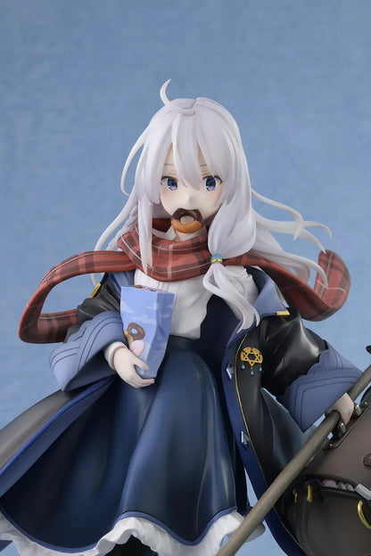 Wandering Witch The Journey of Elaina Elaina DX Ver. 1/7 Scale Figure Rerelease featuring Elaina seated on a bench with witch hat, broom, travel bag, cat, and stone-pavement display base.