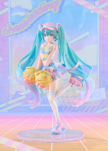 Hatsune Miku Cheerleading Ver. 1/7 scale figure holding yellow pom-poms, with turquoise twin-tails, a pastel outfit, and one leg lifted.