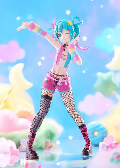 Hatsune Miku DecoMiku Lightness L Size figure with turquoise and pink twin-tails, a colorful cropped top, pink shorts, and black boots.