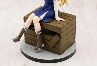 Sasaki and Peeps Elsa 1/7 Scale Figure featuring a blonde-haired anime girl with blue eyes wearing a navy-blue and white outfit, sitting on a wooden crate with a small bird perched on her hand.