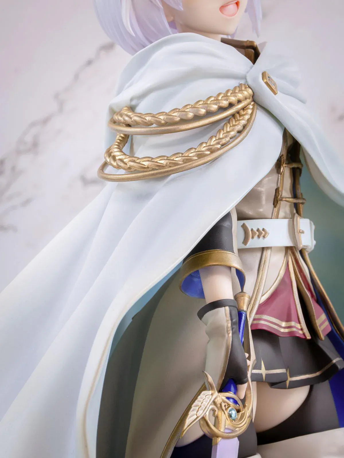 Wandering Witch The Journey of Elaina Amnesia 1/7 Scale Figure featuring Amnesia with short silver hair, white cape, sword, and stone-style display base.