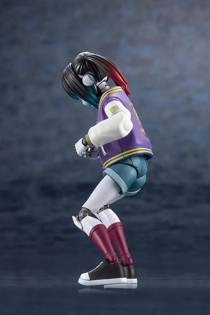 Milky Subway The Galactic Limited Express Makina Model Kit Figure featuring a robotic anime girl with black twin-tail hair, a blue-tinted face, a purple varsity jacket with white sleeves, denim shorts, mechanical arms and legs, burgundy socks, and black-and-white sneakers.